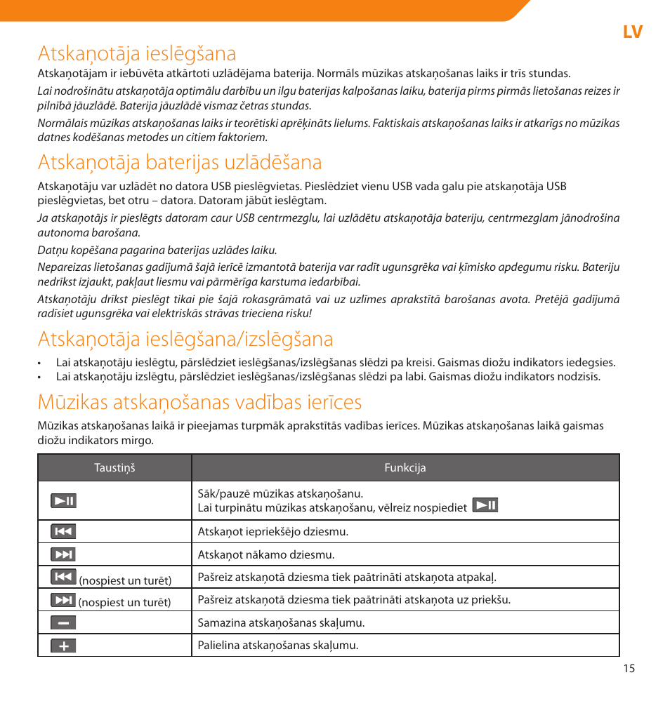 Atskaņotāja ieslēgšana, Atskaņotāja baterijas uzlādēšana, Atskaņotāja ieslēgšana/izslēgšana | Mūzikas atskaņošanas vadības ierīces | Acme V-150 User Manual | Page 15 / 46