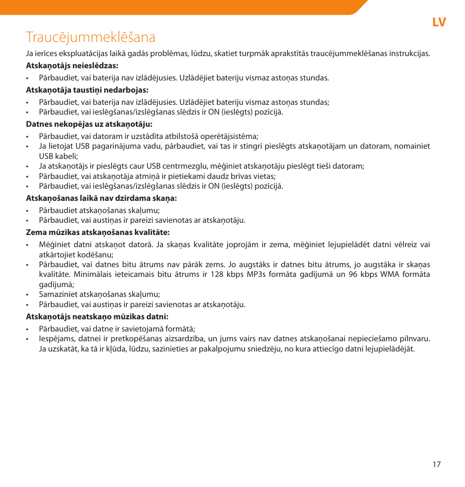 Traucējummeklēšana | Acme V-150 User Manual | Page 17 / 46