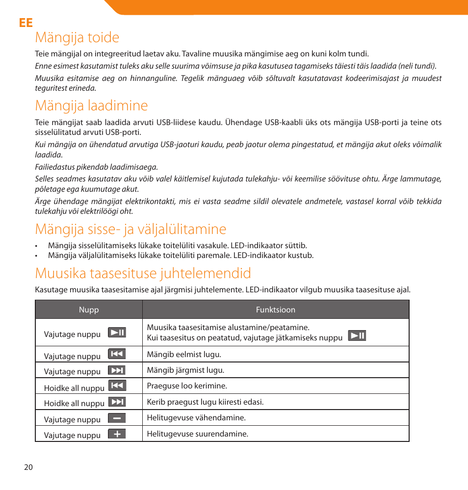 Mängija toide, Mängija laadimine, Mängija sisse- ja väljalülitamine | Muusika taasesituse juhtelemendid | Acme V-150 User Manual | Page 20 / 46