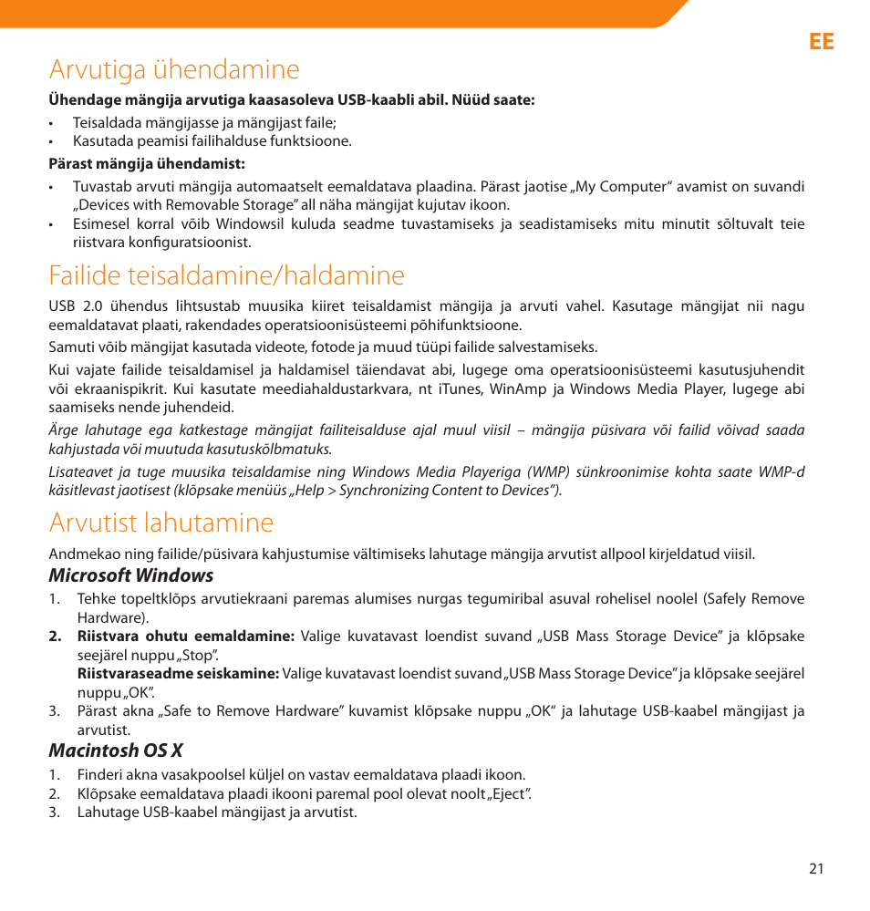 Arvutiga ühendamine, Failide teisaldamine/haldamine, Arvutist lahutamine | Acme V-150 User Manual | Page 21 / 46