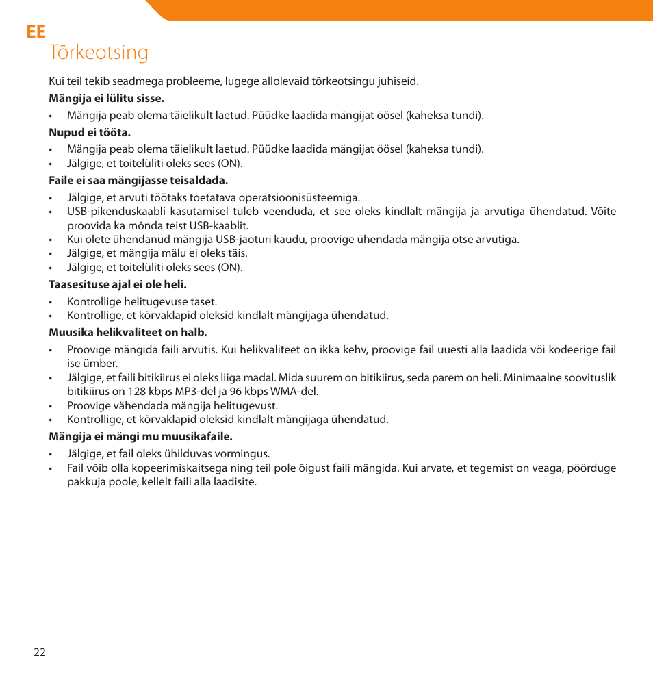 Tõrkeotsing | Acme V-150 User Manual | Page 22 / 46