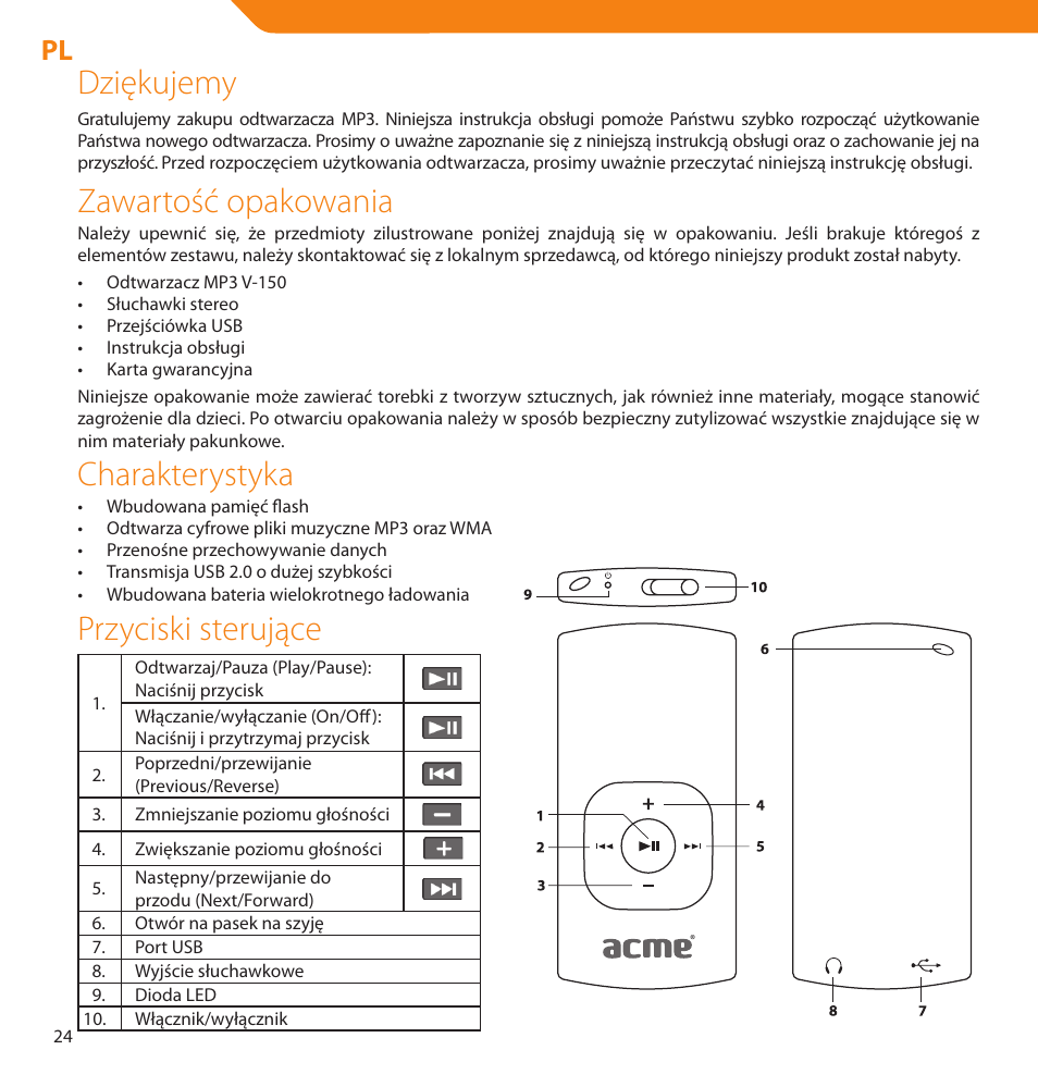 Dziękujemy, Zawartość opakowania, Charakterystyka | Przyciski sterujące | Acme V-150 User Manual | Page 24 / 46