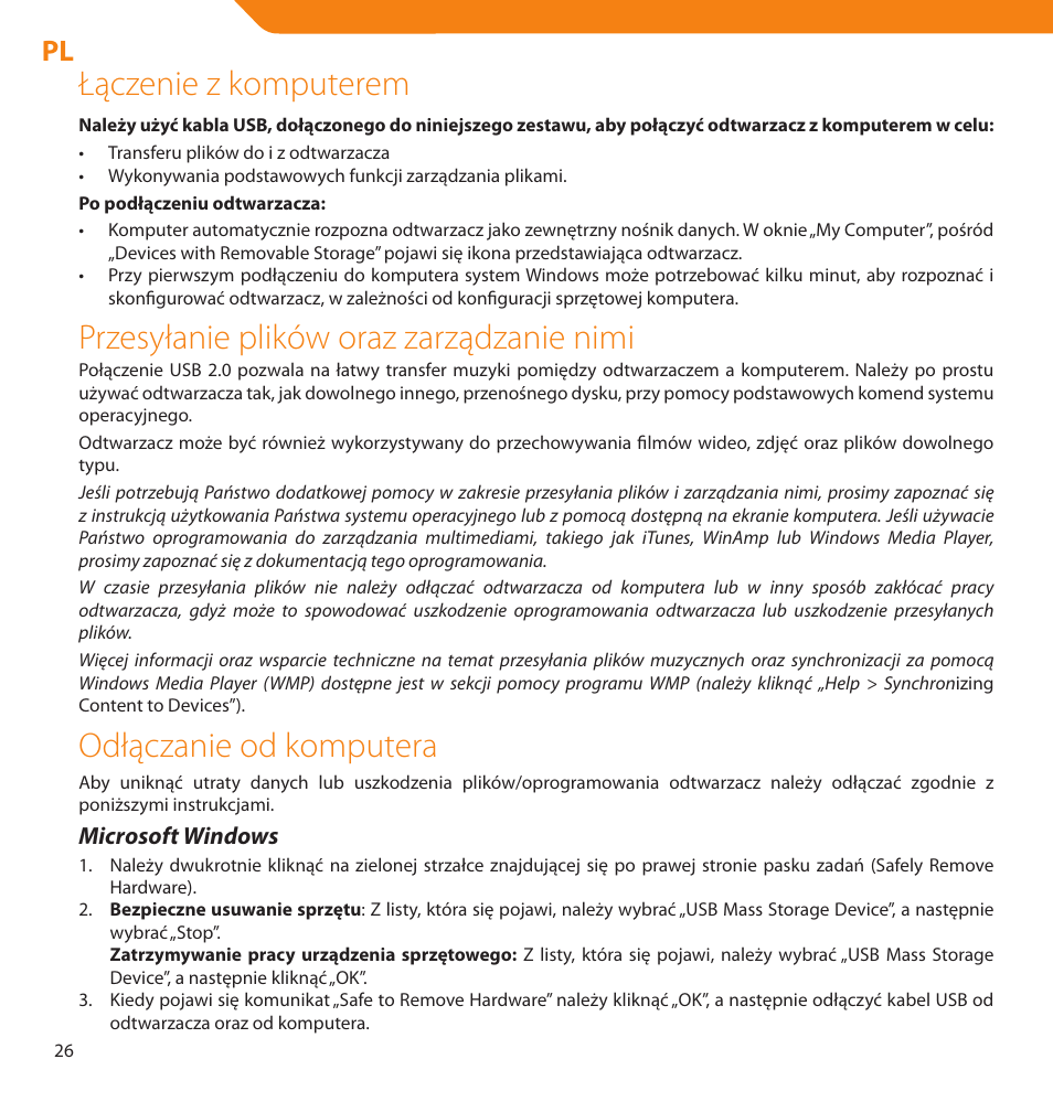 Łączenie z komputerem, Przesyłanie plików oraz zarządzanie nimi, Odłączanie od komputera | Acme V-150 User Manual | Page 26 / 46