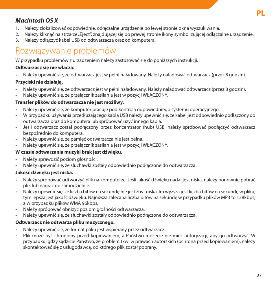 Rozwiązywanie problemów, Macintosh os x | Acme V-150 User Manual | Page 27 / 46