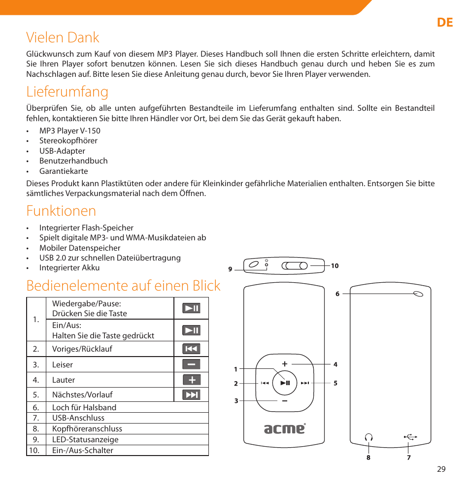 Vielen dank, Lieferumfang, Funktionen | Bedienelemente auf einen blick | Acme V-150 User Manual | Page 29 / 46