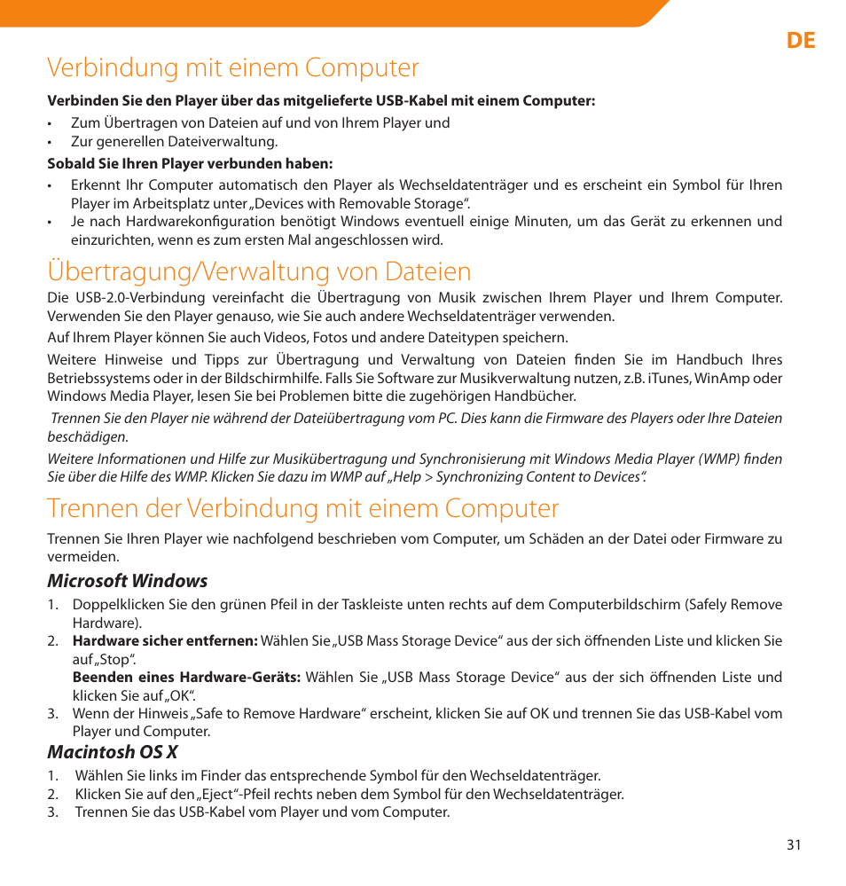 Verbindung mit einem computer, Übertragung/verwaltung von dateien, Trennen der verbindung mit einem computer | Acme V-150 User Manual | Page 31 / 46