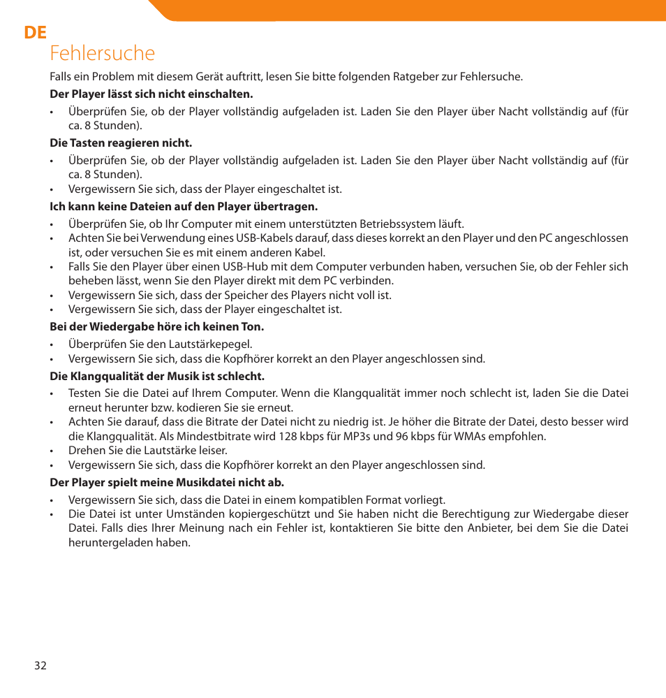 Fehlersuche | Acme V-150 User Manual | Page 32 / 46