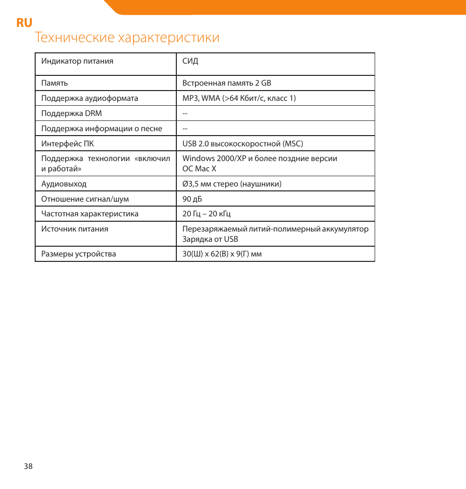 Технические характеристики | Acme V-150 User Manual | Page 38 / 46