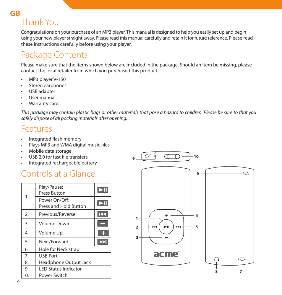 Package contents, Features, Controls at a glance | Acme V-150 User Manual | Page 4 / 46