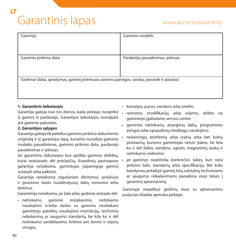 Garantinis lapas | Acme V-150 User Manual | Page 40 / 46