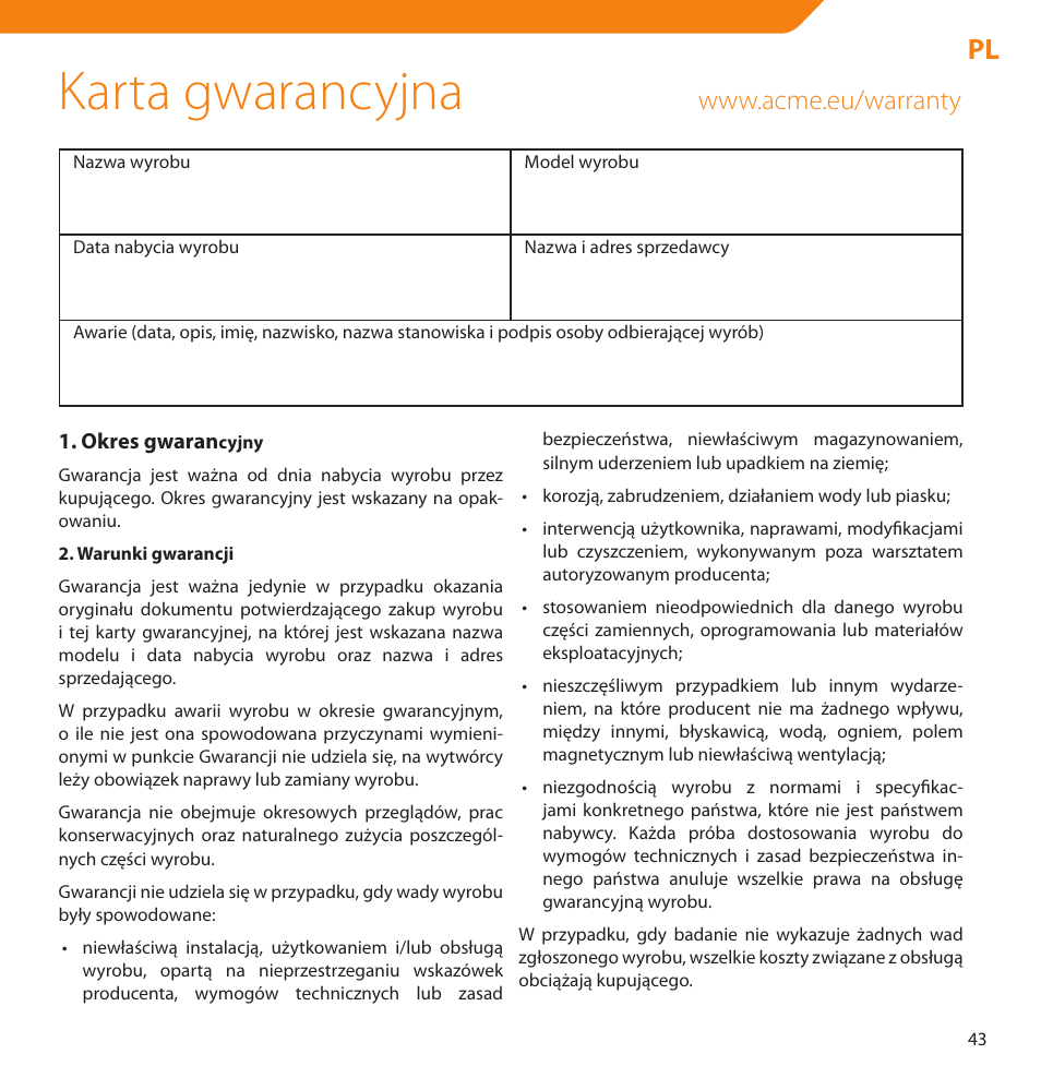 Karta gwarancyjna | Acme V-150 User Manual | Page 43 / 46