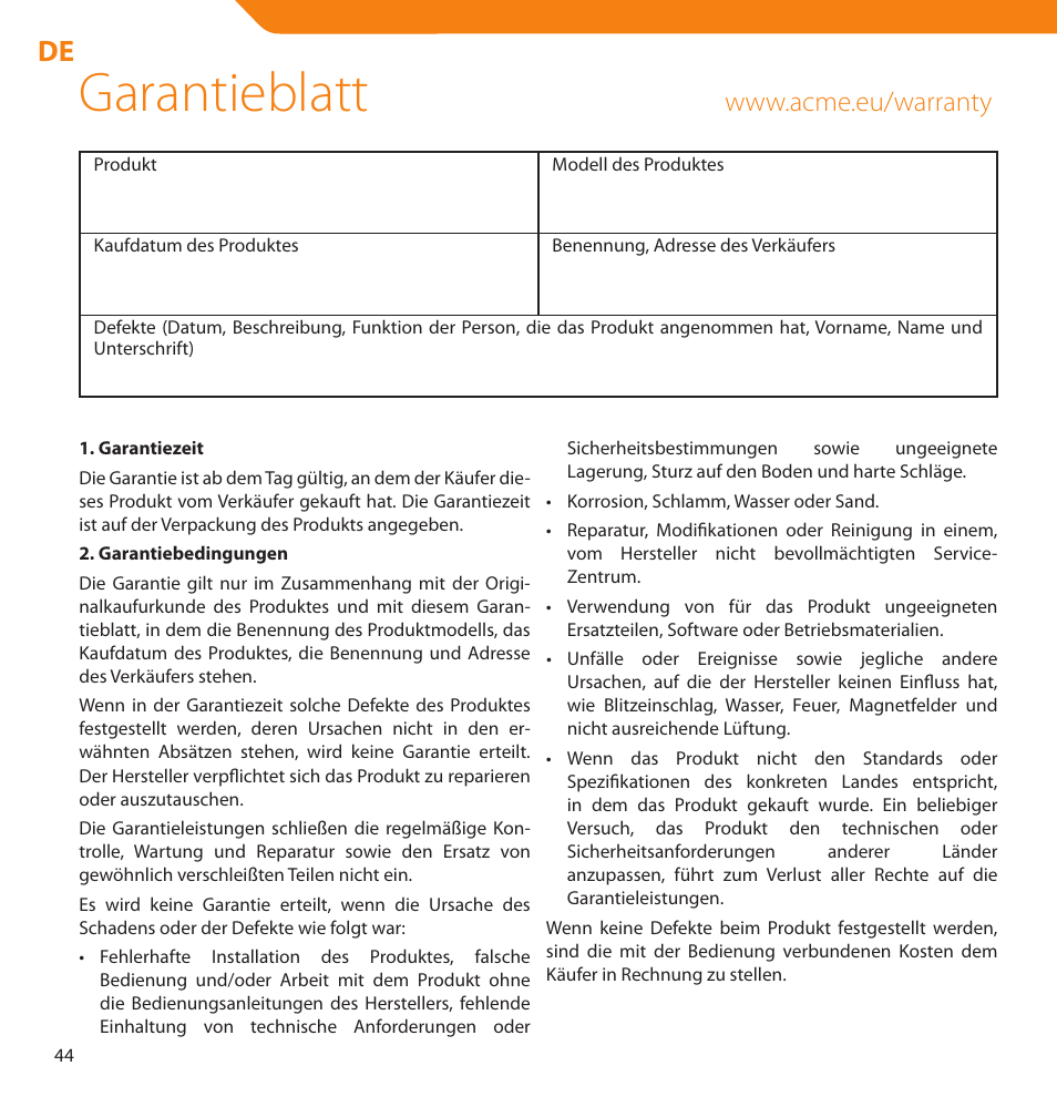 Garantieblatt | Acme V-150 User Manual | Page 44 / 46