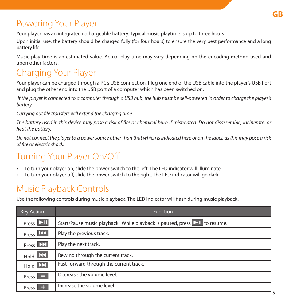 Powering your player, Charging your player, Turning your player on/off | Music playback controls | Acme V-150 User Manual | Page 5 / 46