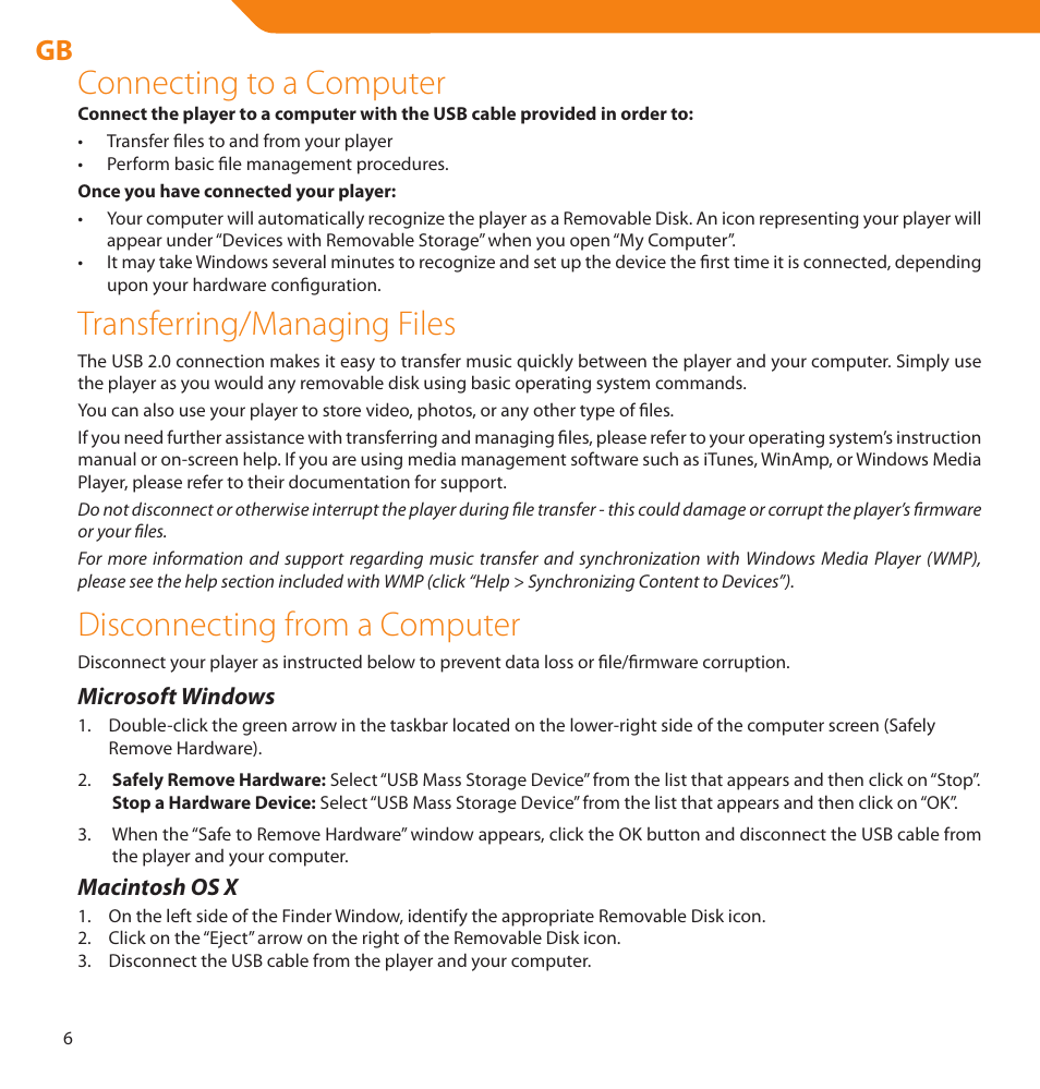 Connecting to a computer, Transferring/managing files, Disconnecting from a computer | Acme V-150 User Manual | Page 6 / 46