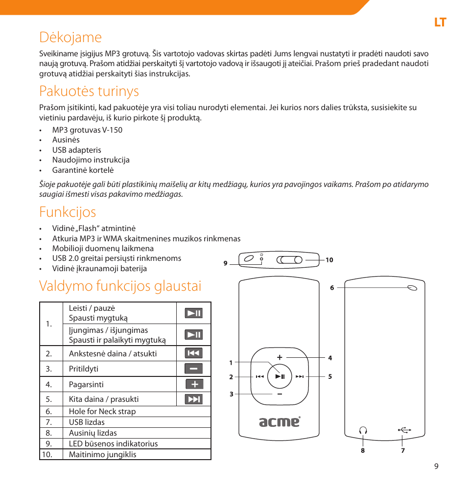 Dėkojame, Pakuotės turinys, Funkcijos | Valdymo funkcijos glaustai | Acme V-150 User Manual | Page 9 / 46