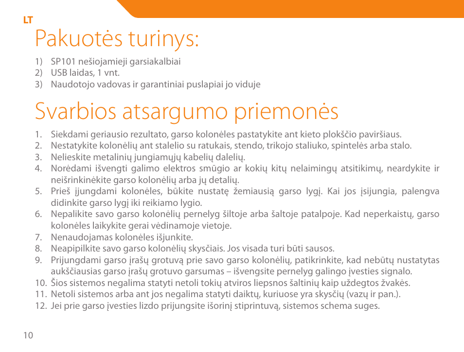 Pakuotės turinys, Svarbios atsargumo priemonės | Acme SP101 User Manual | Page 10 / 84