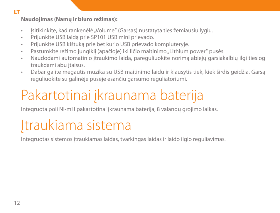 Pakartotinai įkraunama baterija, Įtraukiama sistema | Acme SP101 User Manual | Page 12 / 84