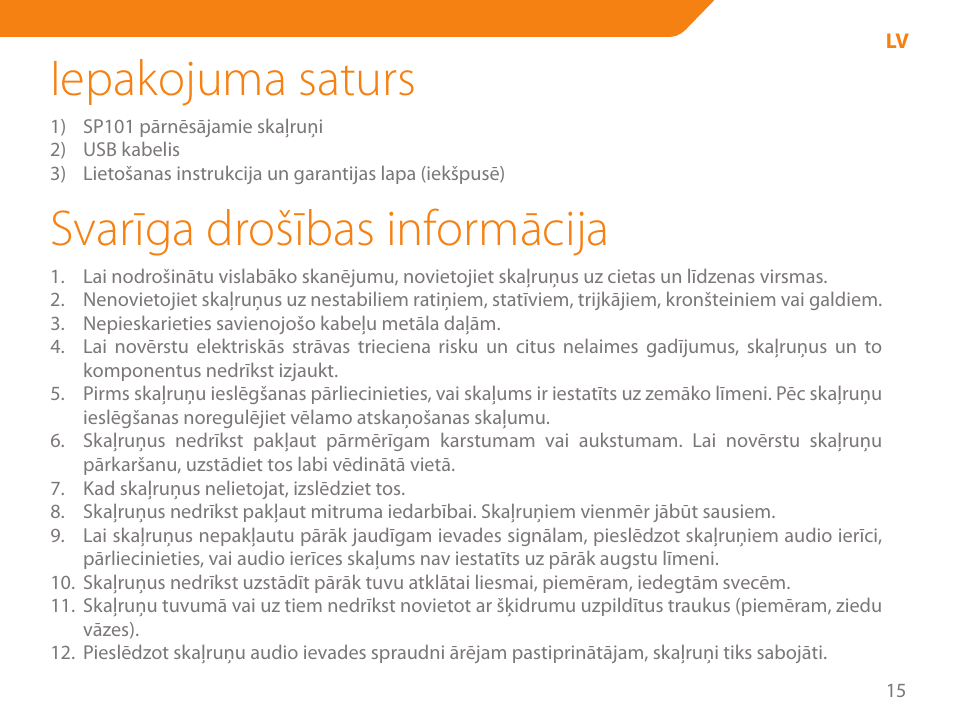 Iepakojuma saturs, Svarīga drošības informācija | Acme SP101 User Manual | Page 15 / 84