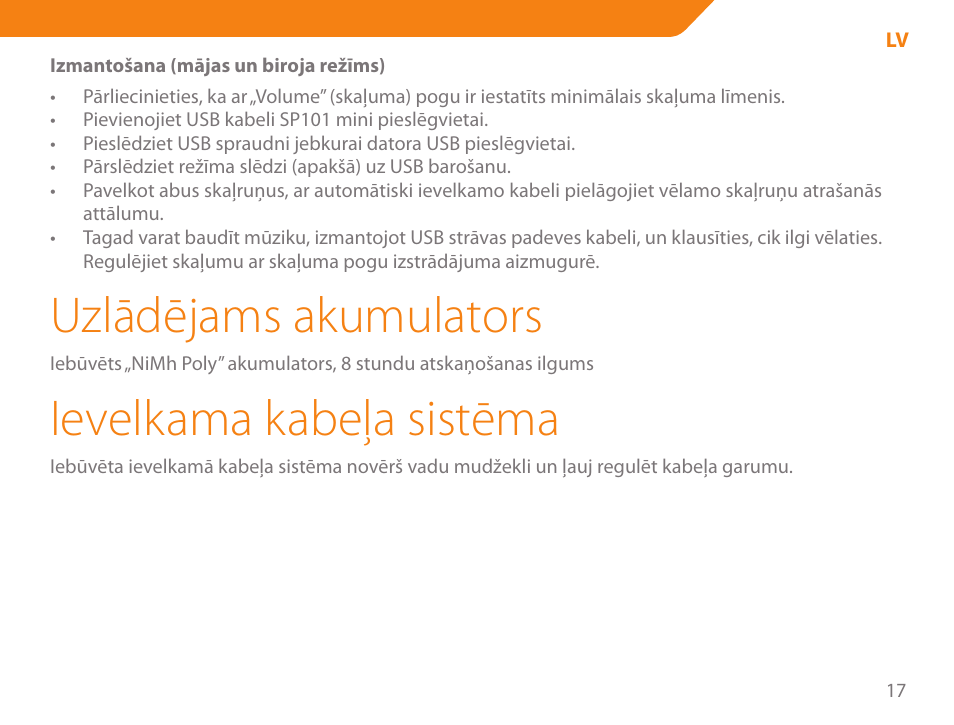 Uzlādējams akumulators, Ievelkama kabeļa sistēma | Acme SP101 User Manual | Page 17 / 84