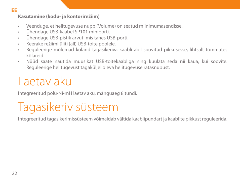 Laetav aku, Tagasikeriv süsteem | Acme SP101 User Manual | Page 22 / 84