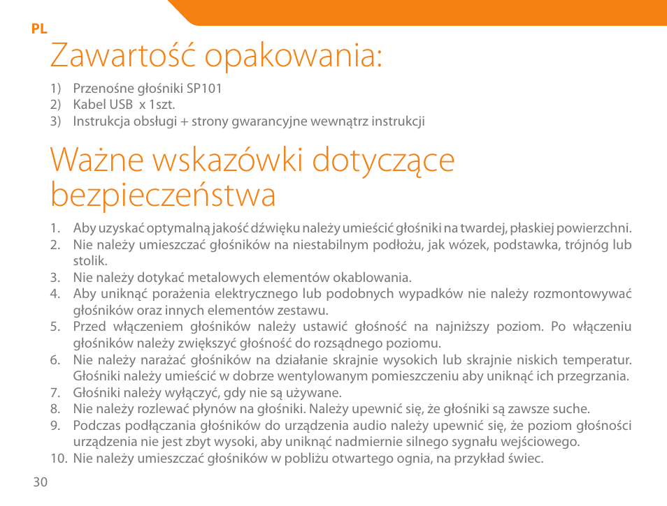 Zawartość opakowania, Ważne wskazówki dotyczące bezpieczeństwa | Acme SP101 User Manual | Page 30 / 84