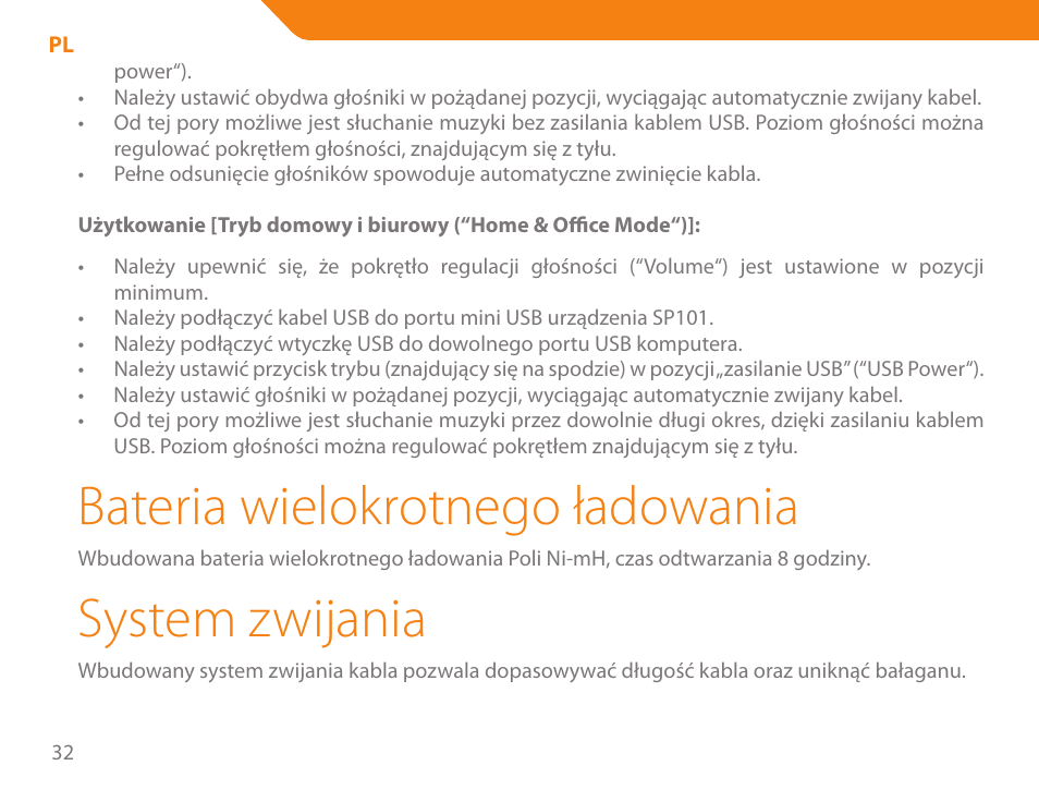 Bateria wielokrotnego ładowania, System zwijania | Acme SP101 User Manual | Page 32 / 84