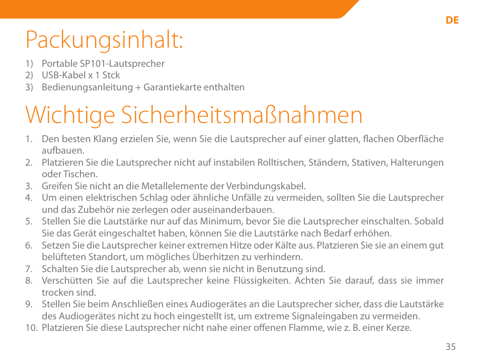 Packungsinhalt, Wichtige sicherheitsmaßnahmen | Acme SP101 User Manual | Page 35 / 84