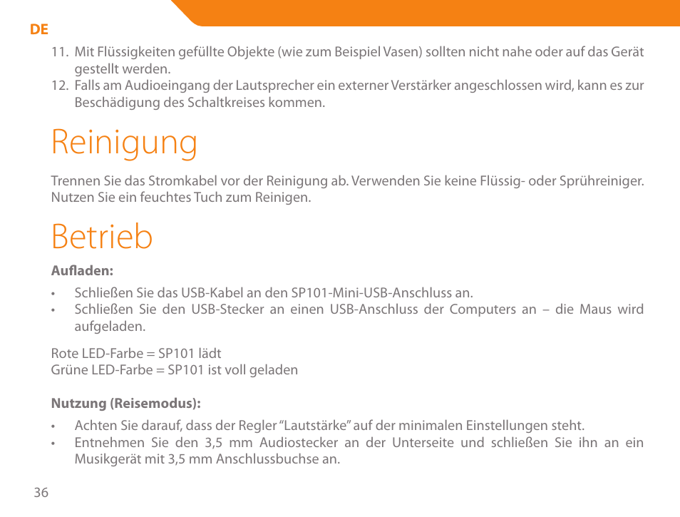 Reinigung, Betrieb | Acme SP101 User Manual | Page 36 / 84