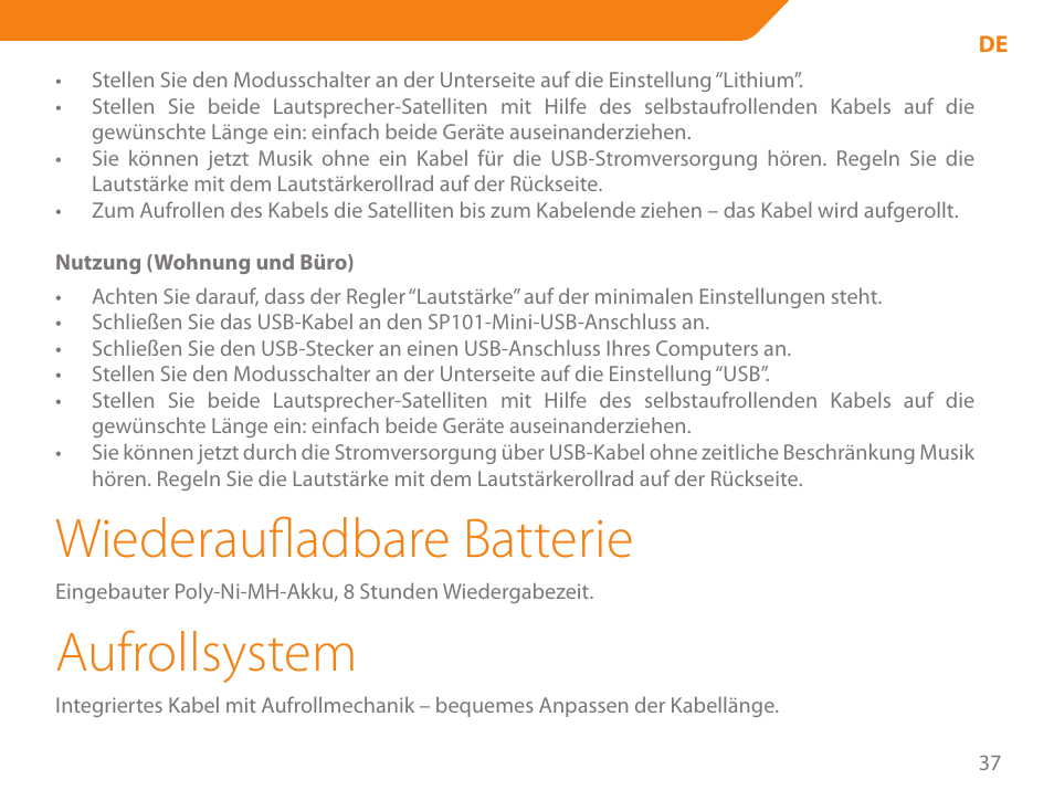 Wiederaufladbare batterie, Aufrollsystem | Acme SP101 User Manual | Page 37 / 84