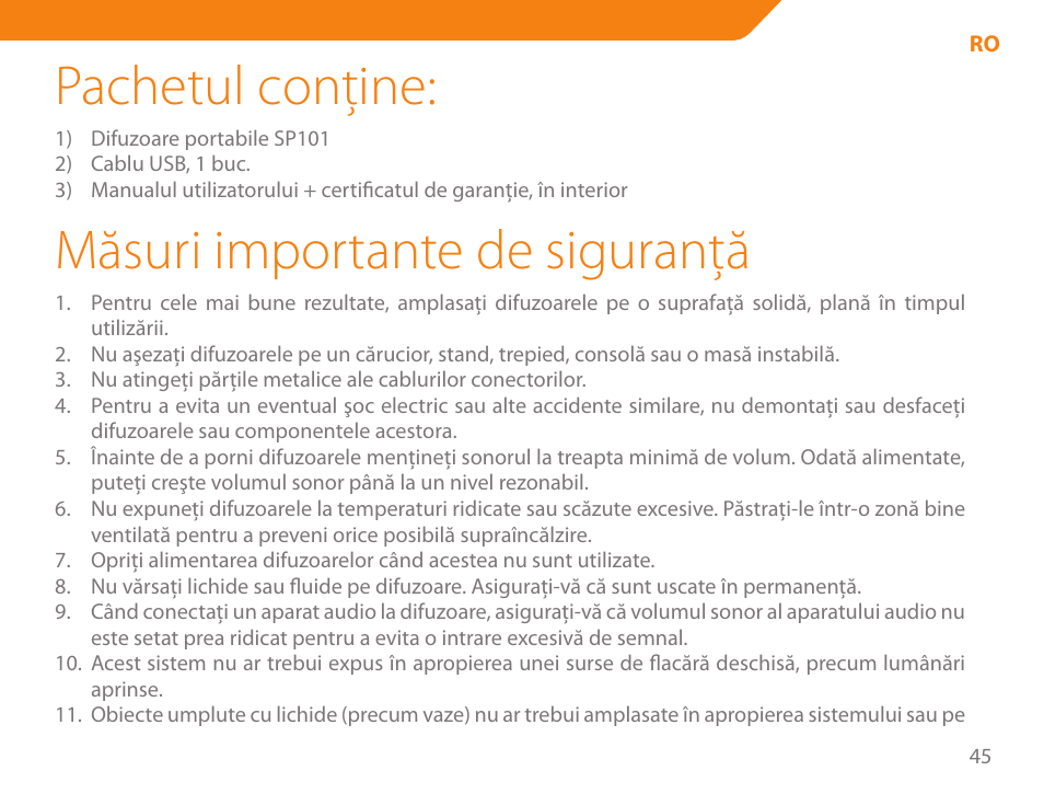 Pachetul conţine, Măsuri importante de siguranţă | Acme SP101 User Manual | Page 45 / 84