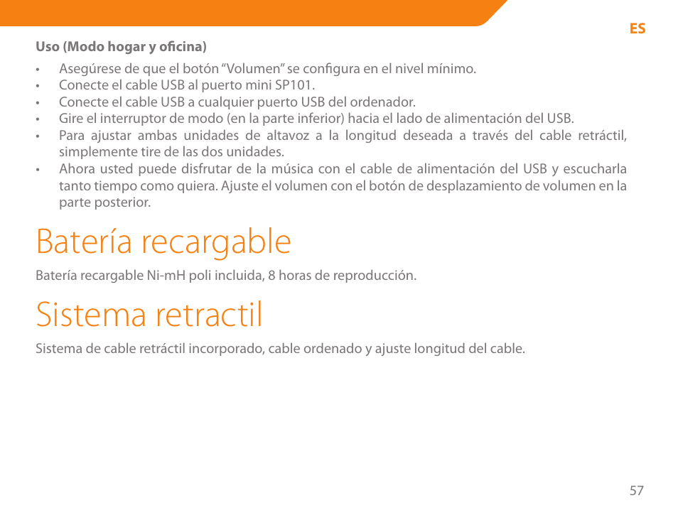 Batería recargable, Sistema retractil | Acme SP101 User Manual | Page 57 / 84