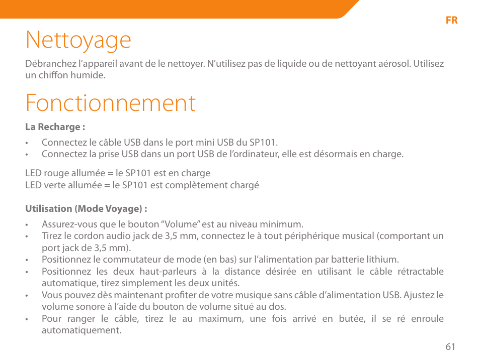 Nettoyage, Fonctionnement | Acme SP101 User Manual | Page 61 / 84