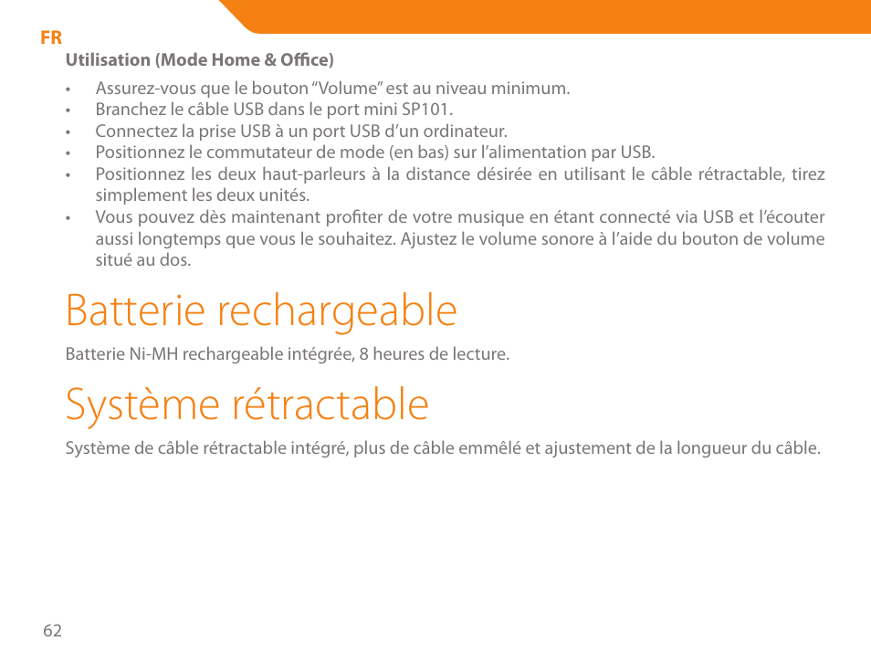 Batterie rechargeable, Système rétractable | Acme SP101 User Manual | Page 62 / 84