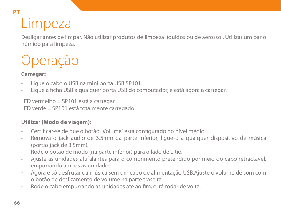 Limpeza, Operação | Acme SP101 User Manual | Page 66 / 84