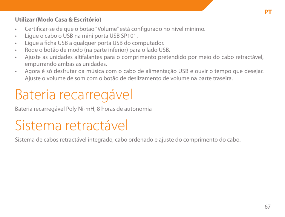 Bateria recarregável, Sistema retractável | Acme SP101 User Manual | Page 67 / 84