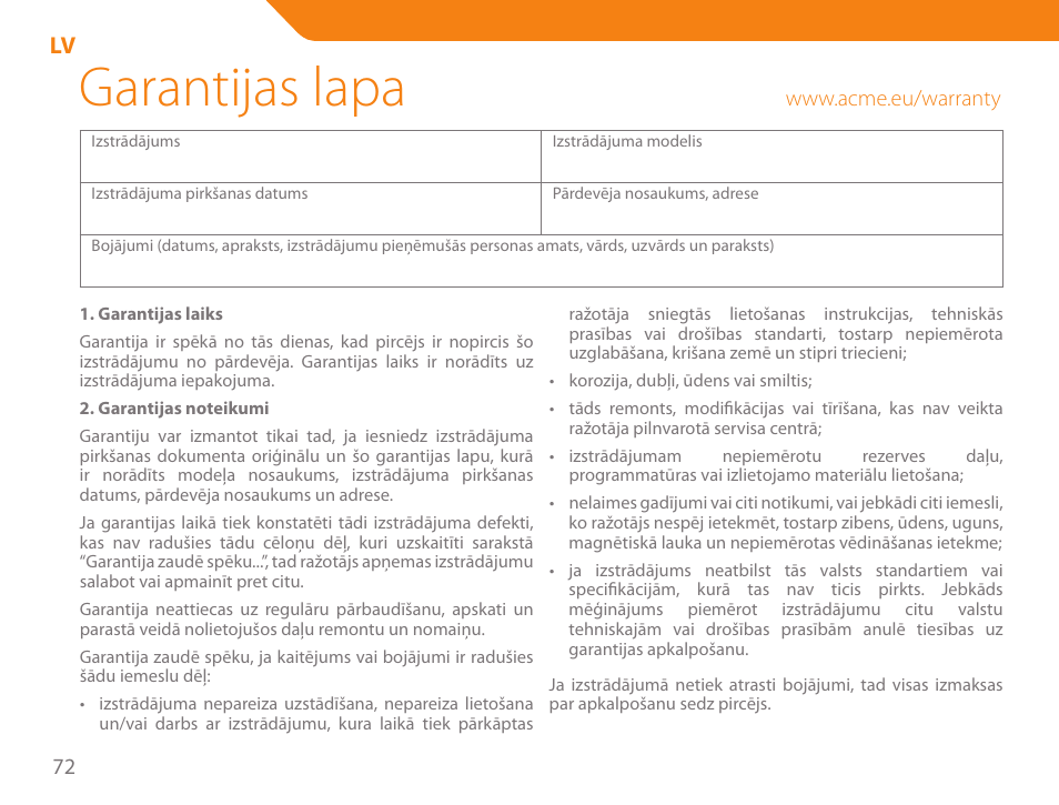 Garantijas lapa | Acme SP101 User Manual | Page 72 / 84