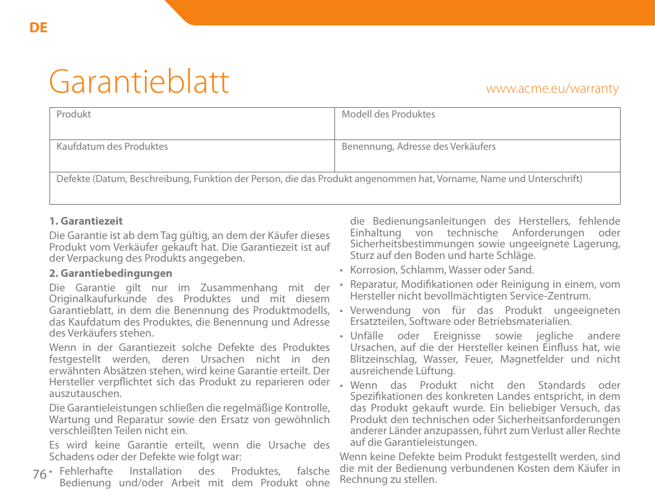 Garantieblatt | Acme SP101 User Manual | Page 76 / 84