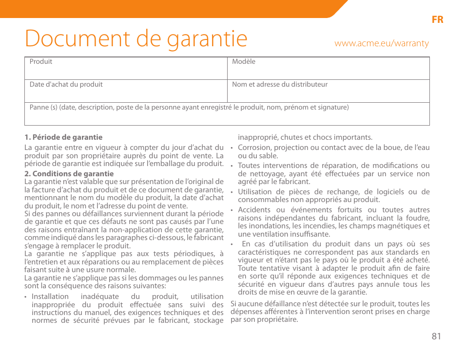 Document de garantie | Acme SP101 User Manual | Page 81 / 84