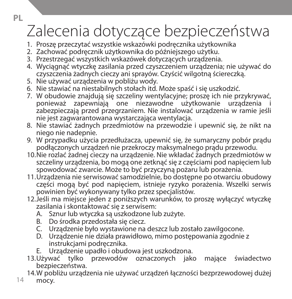 Zalecenia dotyczące bezpieczeństwa | Acme HB720 User Manual | Page 14 / 44