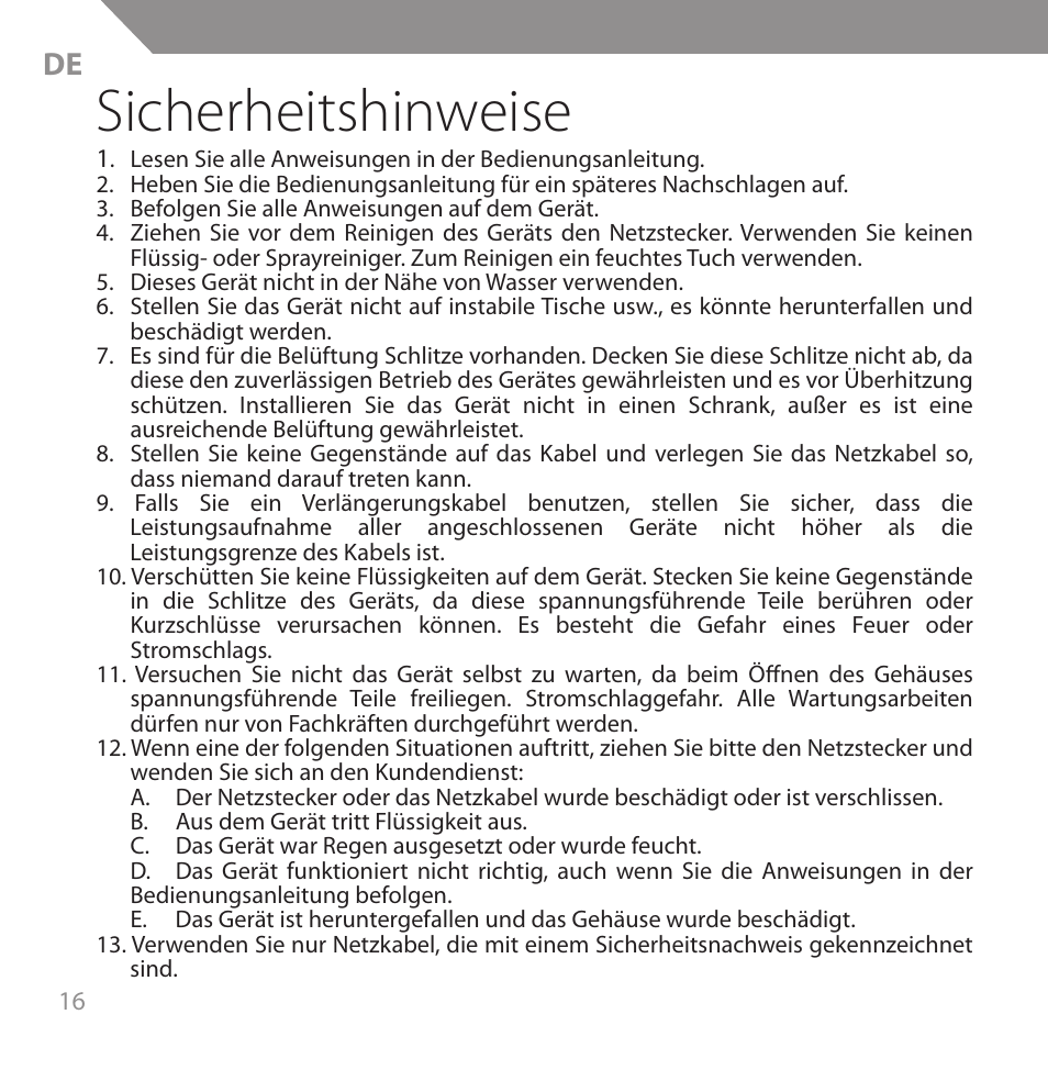 Sicherheitshinweise | Acme HB720 User Manual | Page 16 / 44