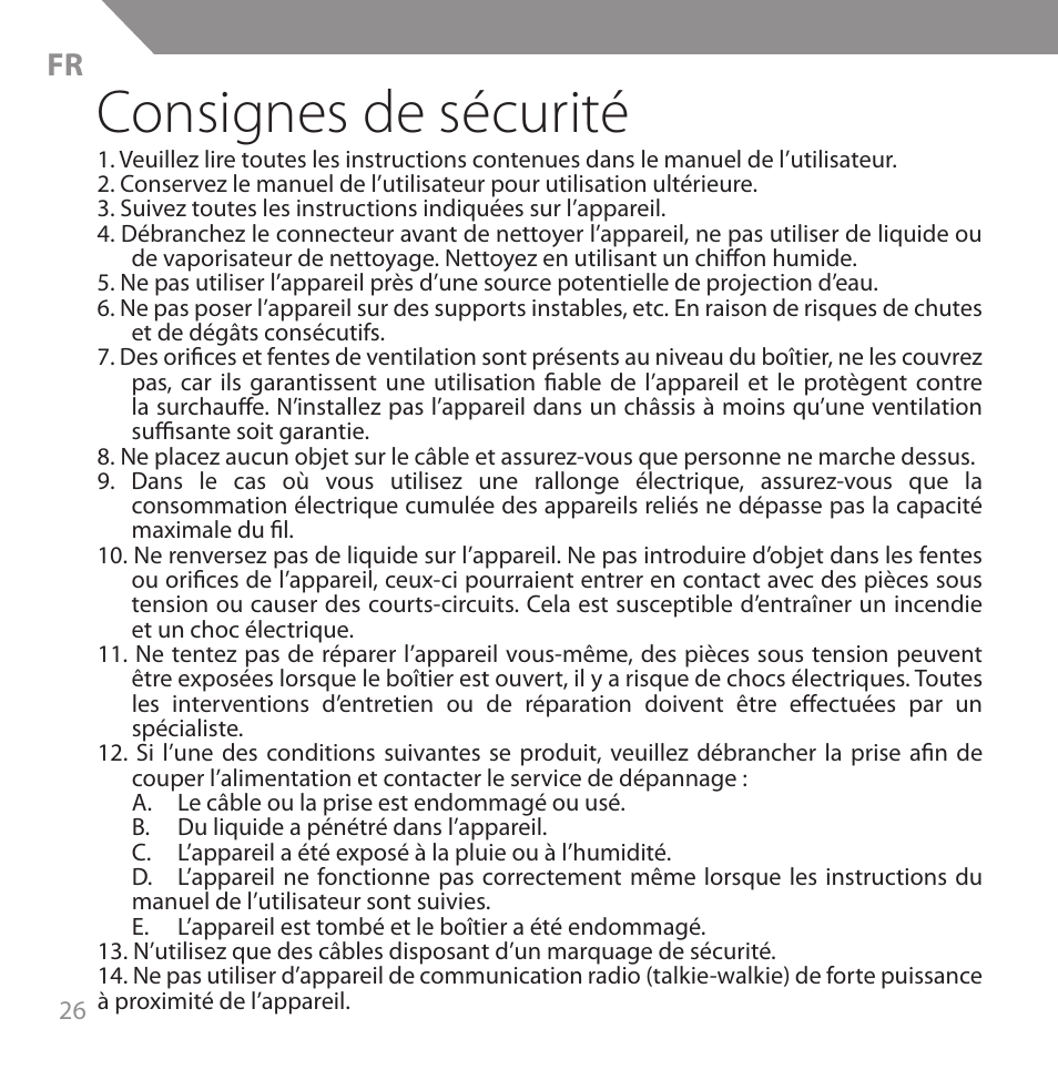 Consignes de sécurité | Acme HB720 User Manual | Page 26 / 44