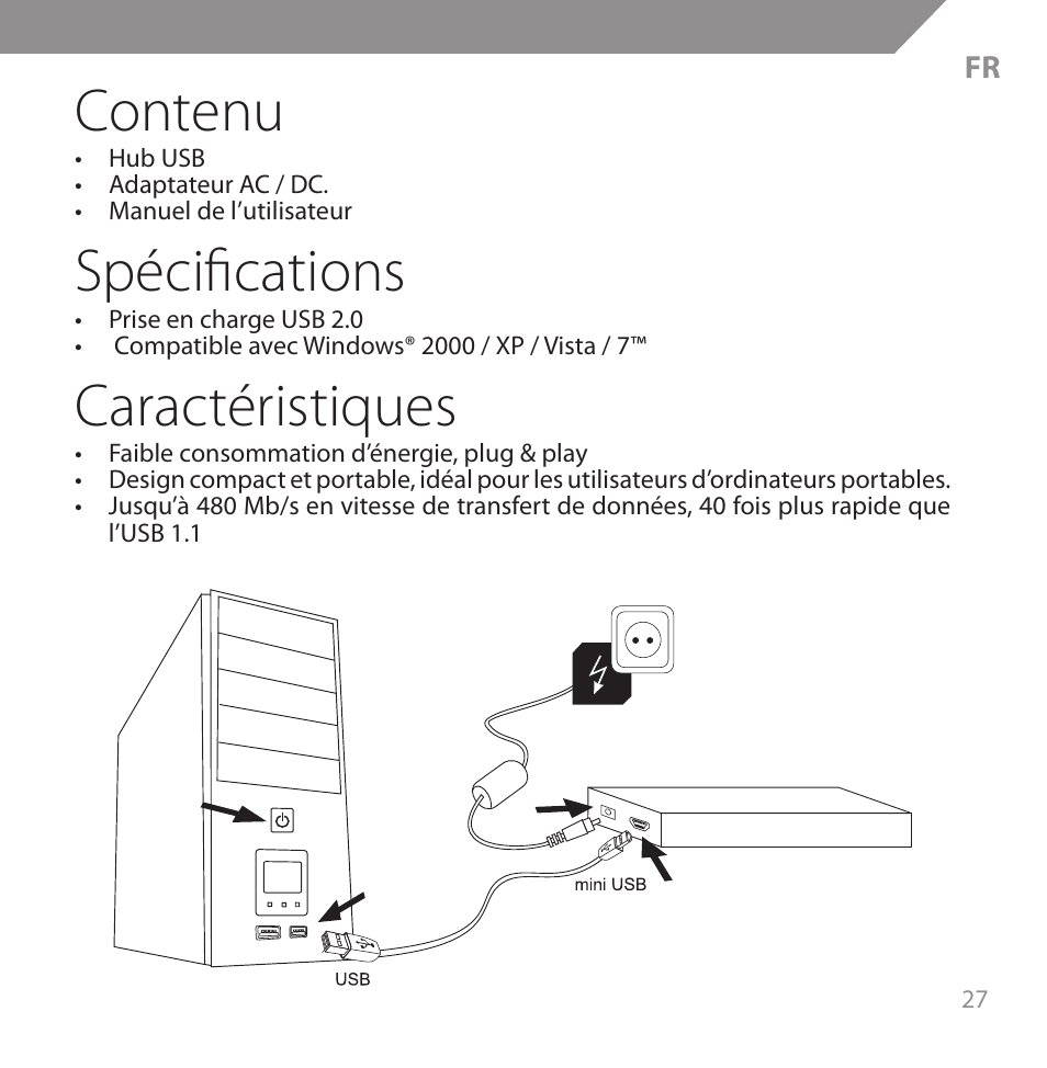 Contenu, Spécifications, Caractéristiques | Acme HB720 User Manual | Page 27 / 44