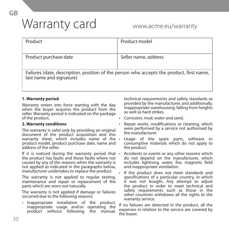 Warranty card | Acme HB720 User Manual | Page 30 / 44
