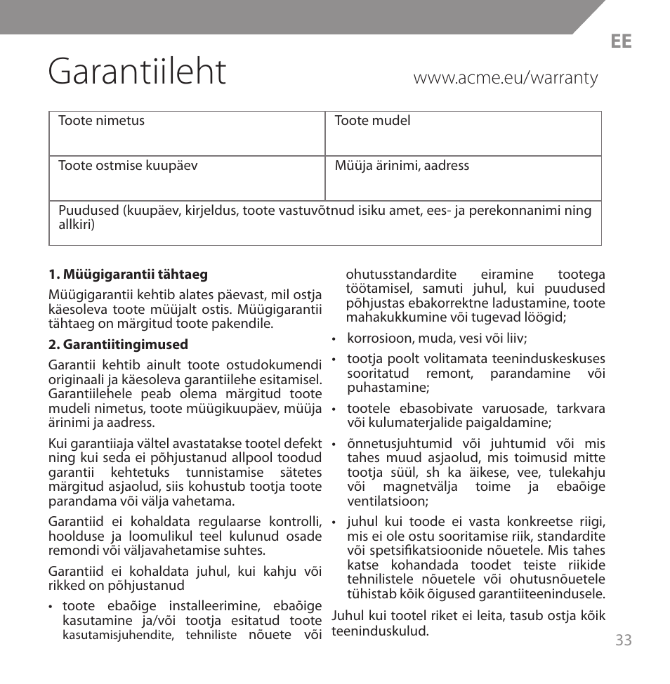 Garantiileht | Acme HB720 User Manual | Page 33 / 44