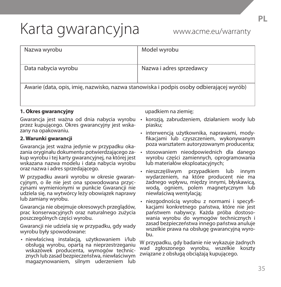 Karta gwarancyjna | Acme HB720 User Manual | Page 35 / 44