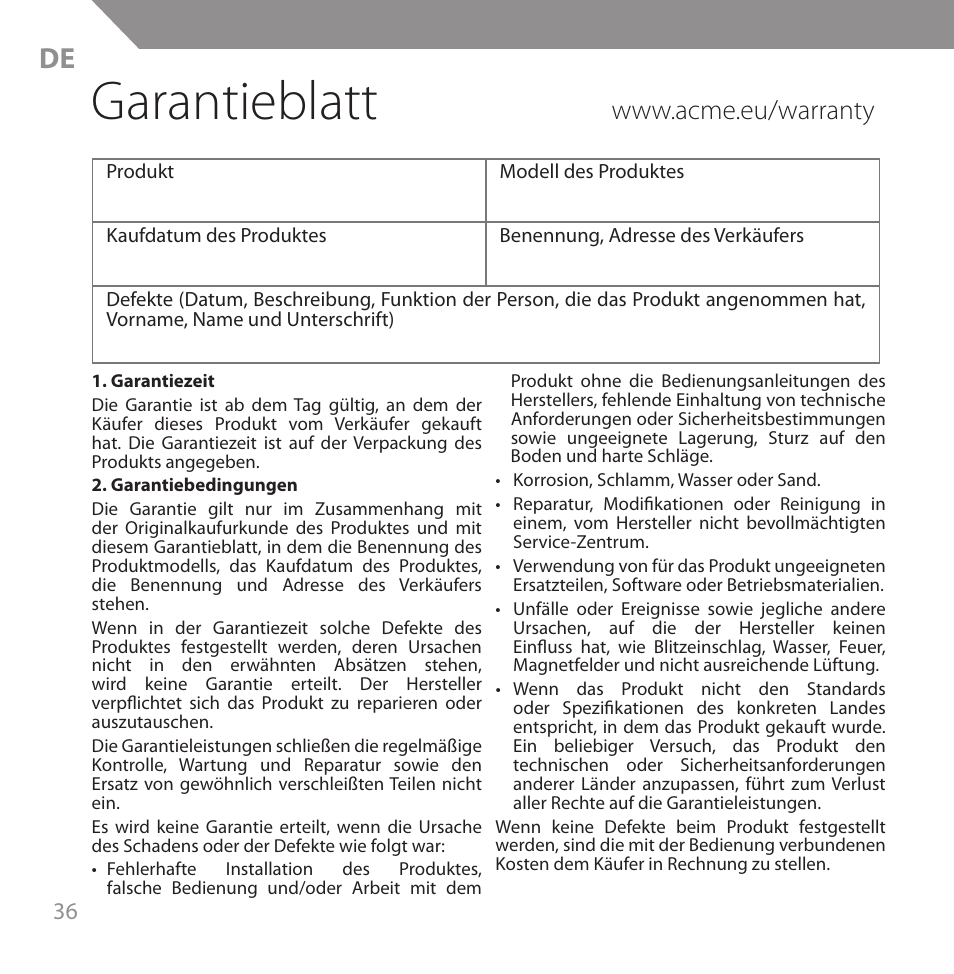 Garantieblatt | Acme HB720 User Manual | Page 36 / 44