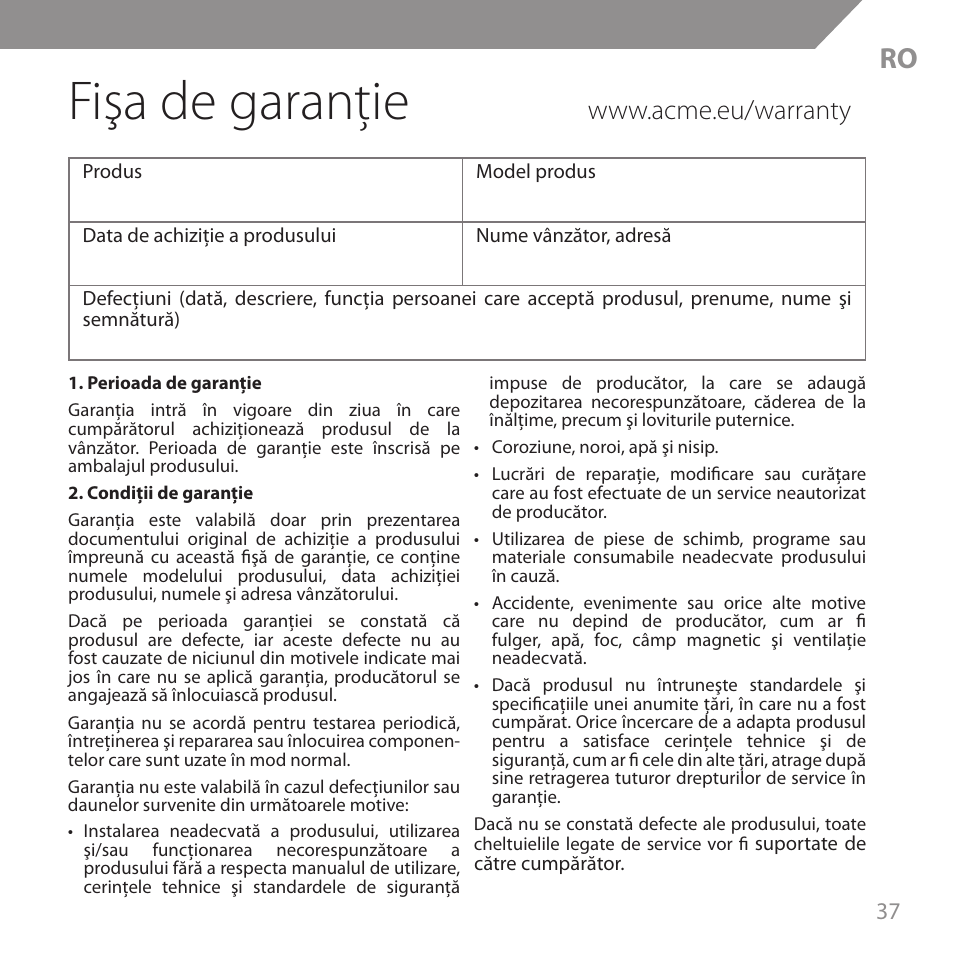 Fişa de garanţie | Acme HB720 User Manual | Page 37 / 44