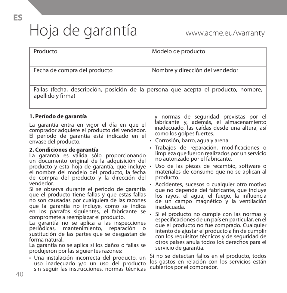 Hoja de garantía | Acme HB720 User Manual | Page 40 / 44