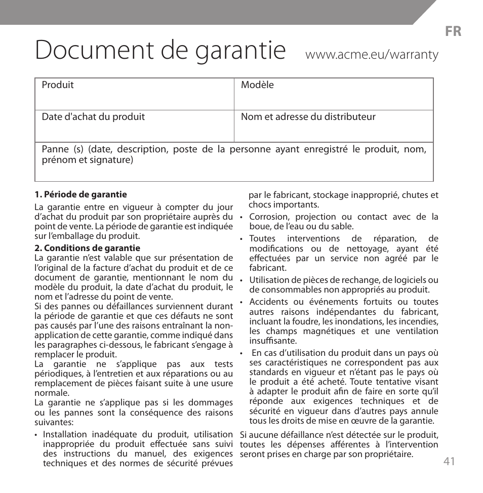 Document de garantie | Acme HB720 User Manual | Page 41 / 44