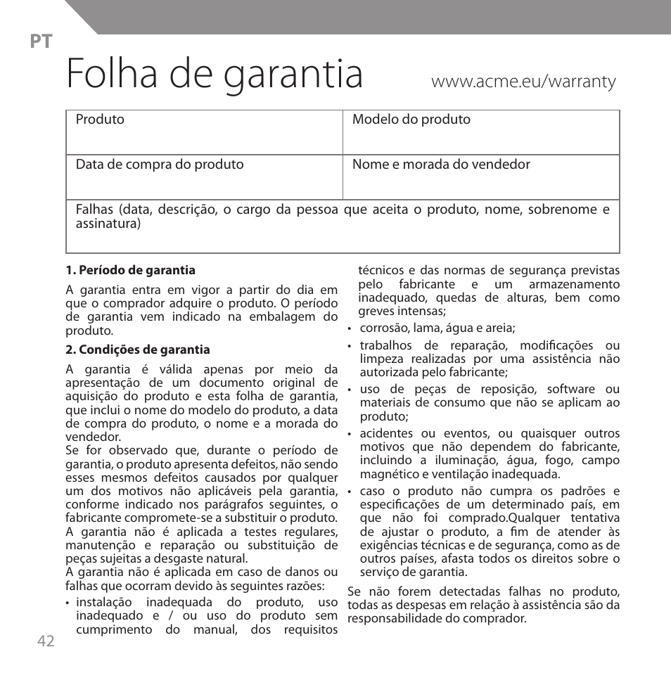 Folha de garantia | Acme HB720 User Manual | Page 42 / 44